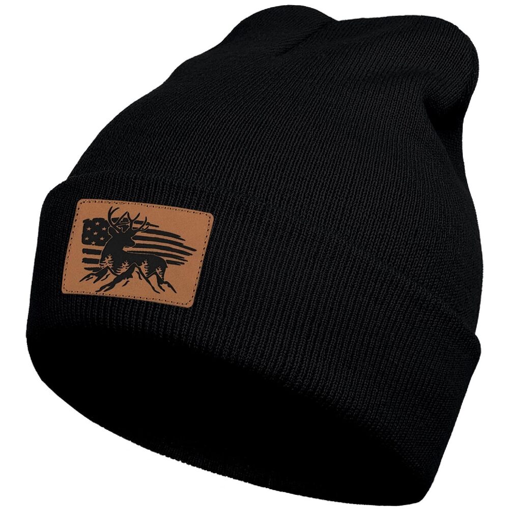 6332 Deer Hunting Beanie Hat Black, Cute Funny Leather Patch Winter Knit